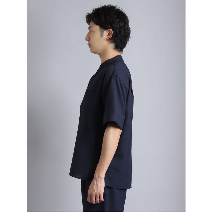 麻調ストレッチ セットアップ バンドカラー半袖シャツ[品番