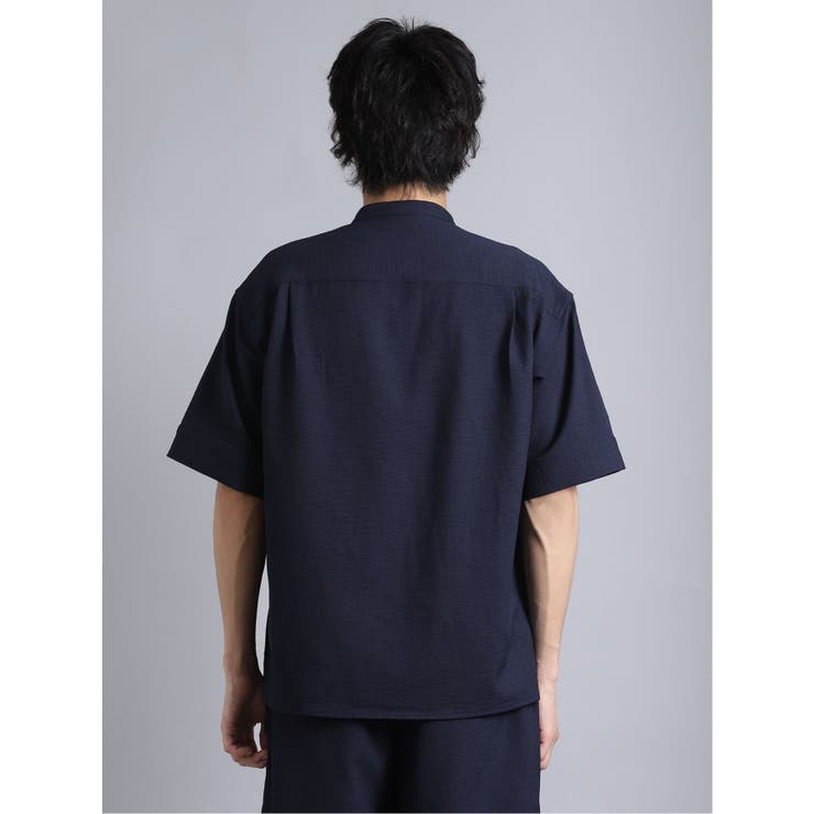 麻調ストレッチ セットアップ バンドカラー半袖シャツ[品番