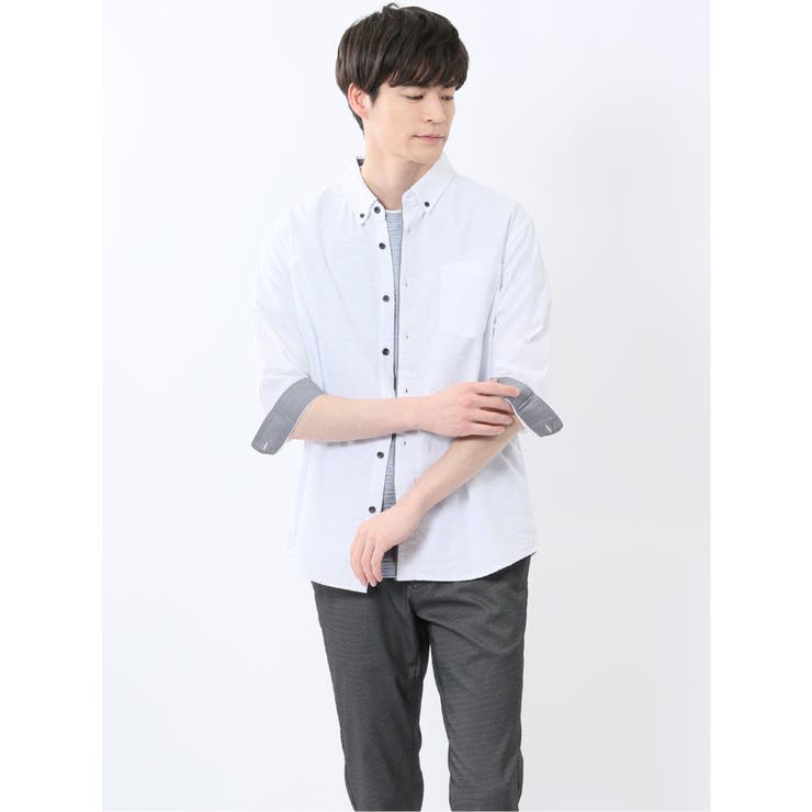 01白 | コットンリネン ボタンダウン7分袖シャツ | TAKA-Q MEN