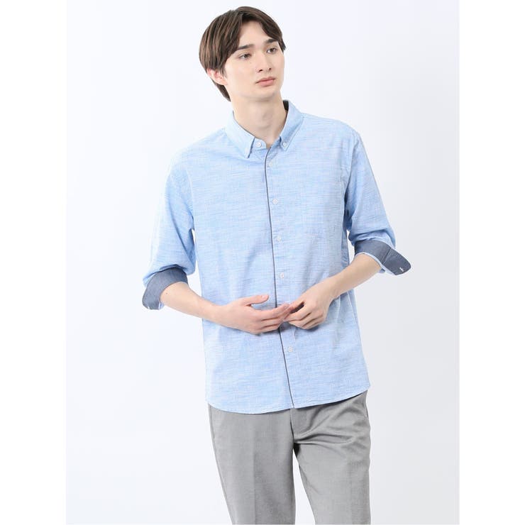 73サックス | コットンリネン ボタンダウン7分袖シャツ | TAKA-Q MEN