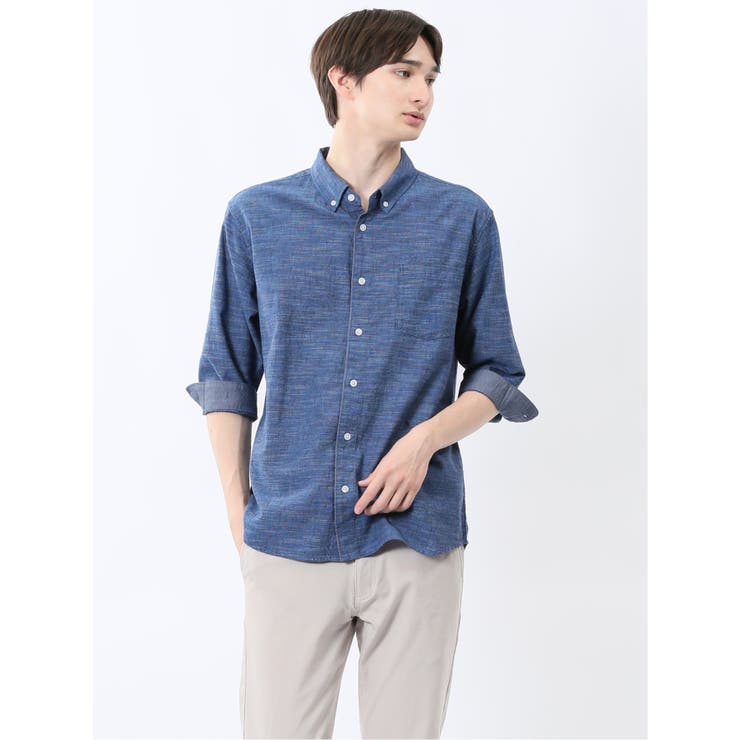 75紺 | コットンリネン ボタンダウン7分袖シャツ | TAKA-Q MEN