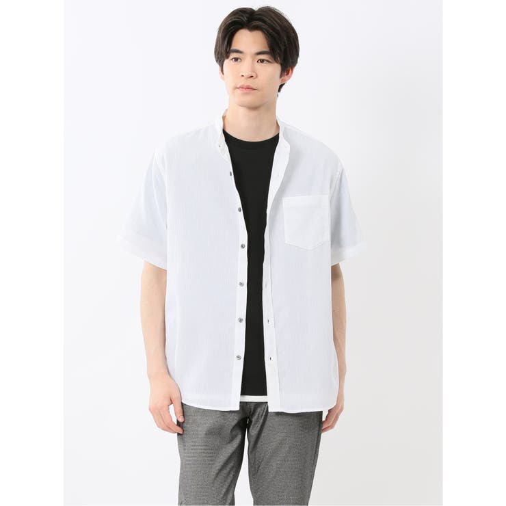 リネン混 楊柳 バンドカラー半袖シャツ | TAKA-Q MEN | 詳細画像1 