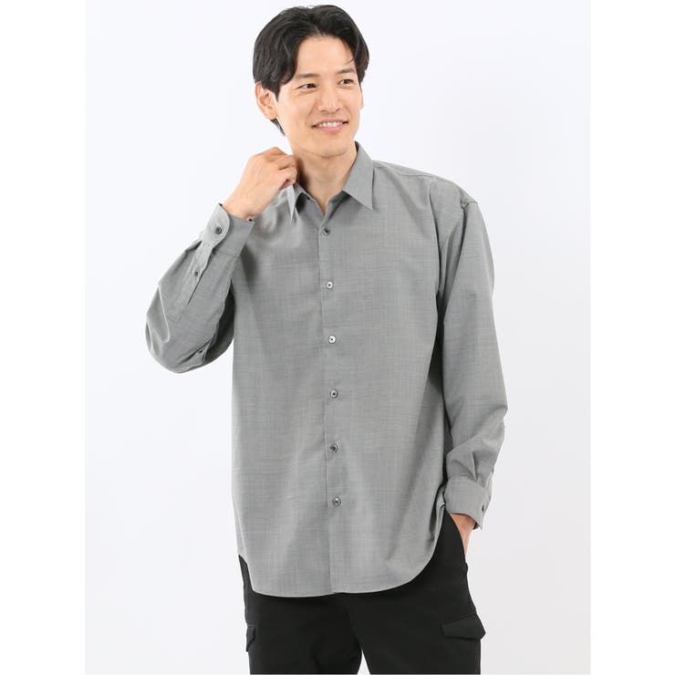 04グレー | ウール混ストレッチ レギュラーカラー長袖シャツ | TAKA-Q MEN