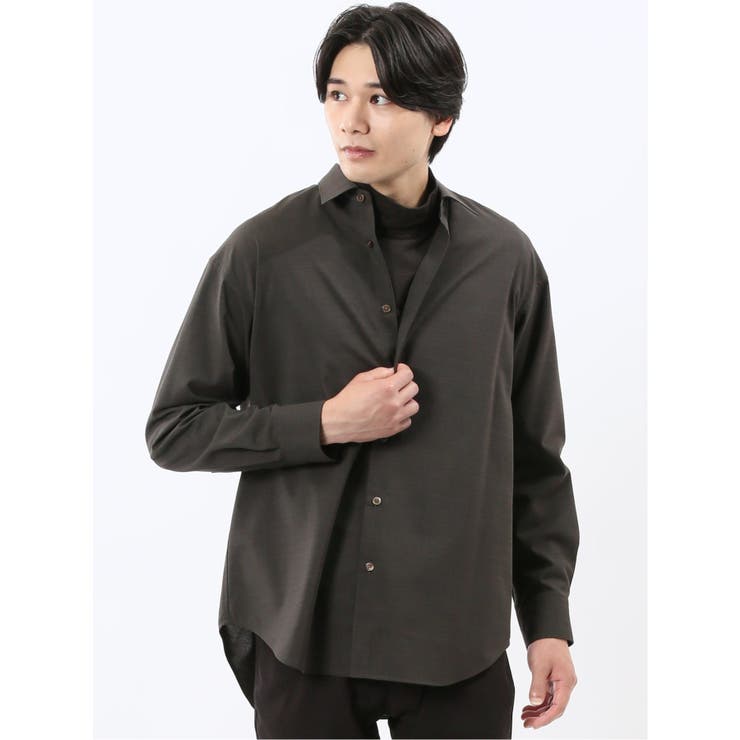 35こげ茶 | ウール混ストレッチ レギュラーカラー長袖シャツ | TAKA-Q MEN