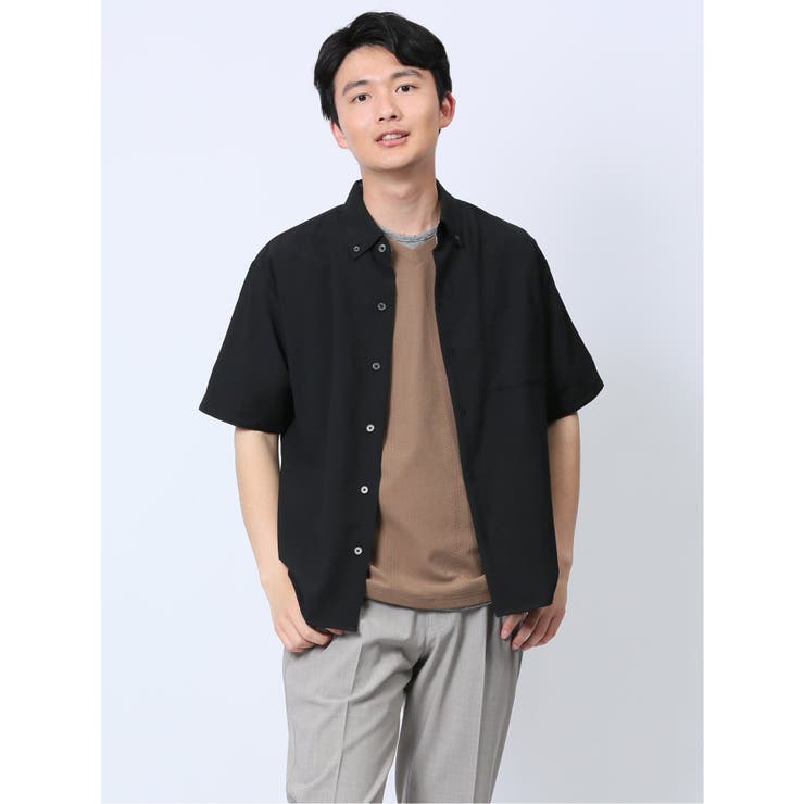 05黒 | ストレッチ楊柳 ボタンダウン半袖シャツ | TAKA-Q MEN