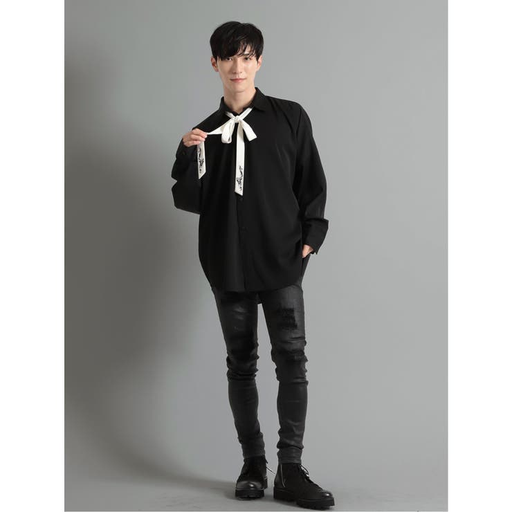 配色リボン付き 長袖BIGシャツ[品番：TKQJ0018541]｜TAKA-Q MEN