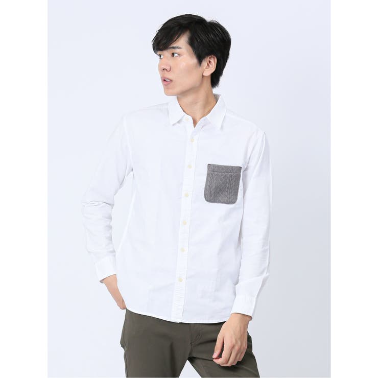 01白 | 綿オックス ポケット切替 レギュラーカラー長袖シャツ | TAKA-Q MEN