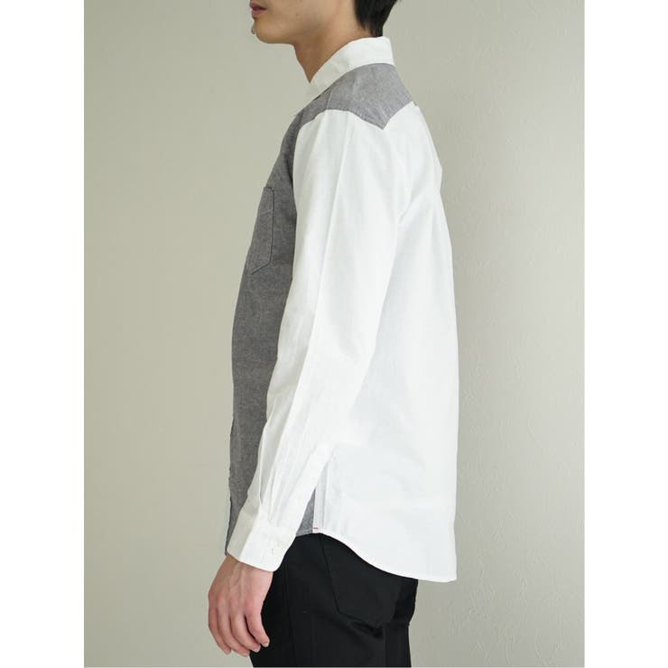 綿オックス 切替 レギュラーカラー長袖シャツ[品番：TKQJ0021131 
