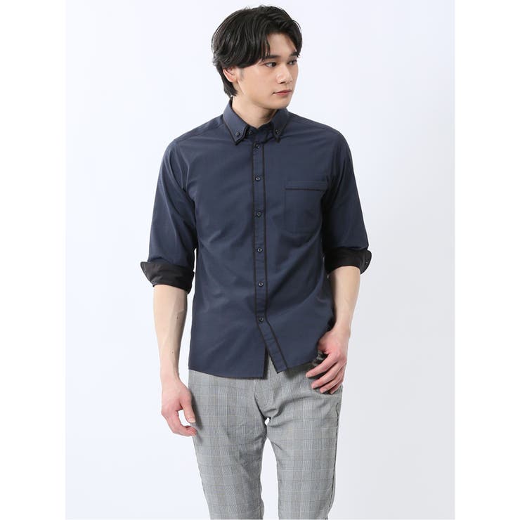 ダイヤ柄ドビー 二枚衿ボタンダウン 7分袖シャツ | TAKA-Q MEN | 詳細画像1 