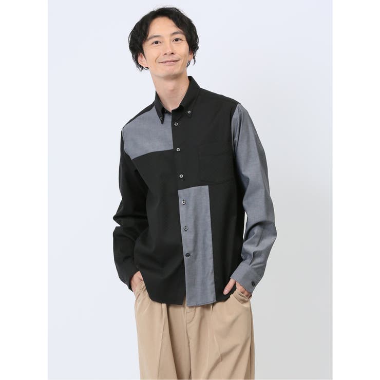 05黒 | クレイジー切替 ボタンダウン長袖シャツ | TAKA-Q MEN