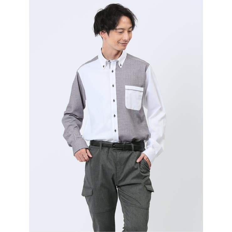 03ライトグレー | 綿オックス×異素材切替 ボタンダウン長袖シャツ | TAKA-Q MEN