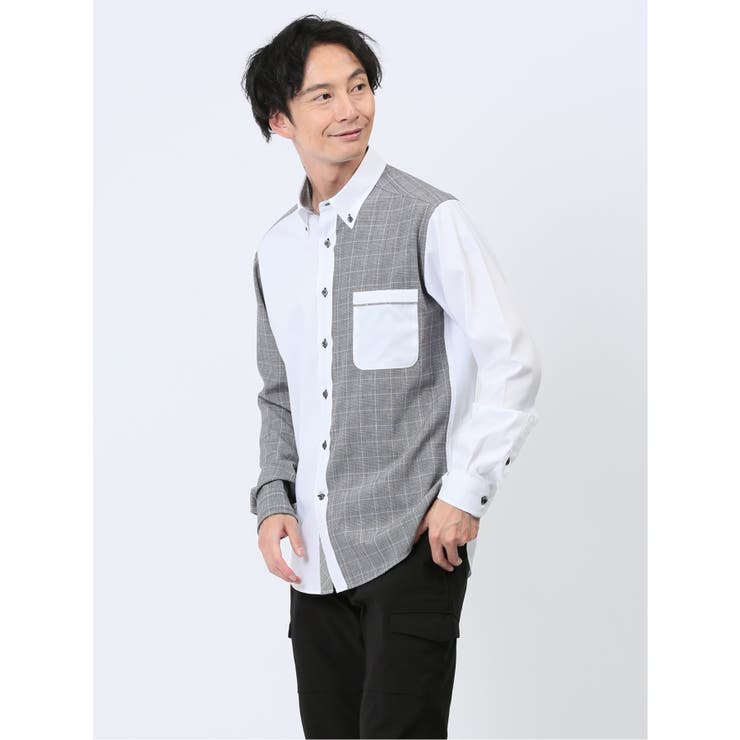07白黒 | 綿オックス×異素材切替 ボタンダウン長袖シャツ | TAKA-Q MEN