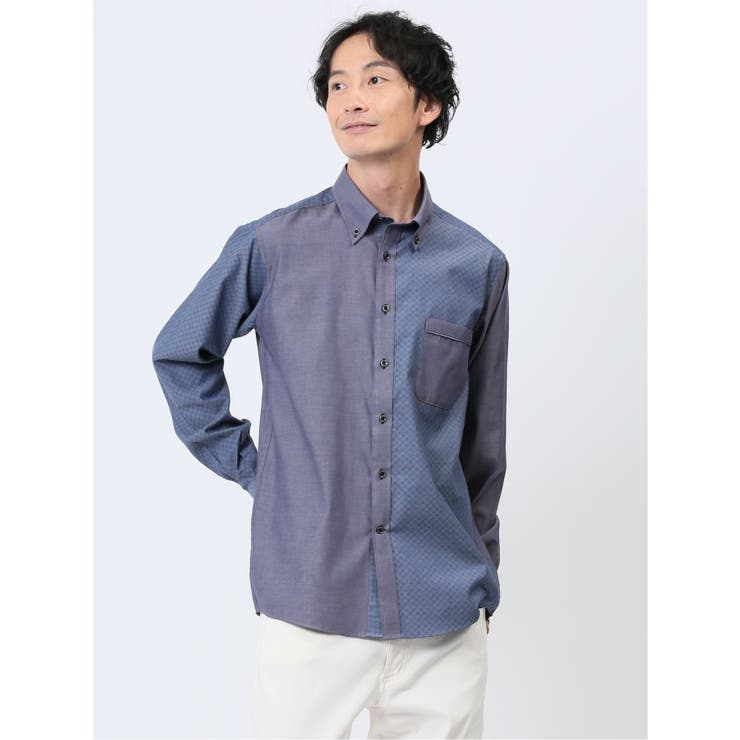 70青 | 綿オックス×異素材切替 ボタンダウン長袖シャツ | TAKA-Q MEN