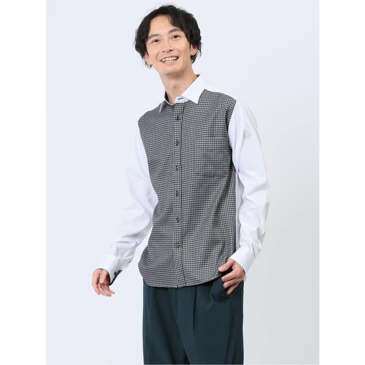 綿オックス×異素材切替 ショートワイドカラー長袖シャツ[品番