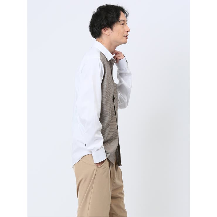 綿オックス×異素材切替 ショートワイドカラー長袖シャツ[品番 綿オックス×異素材切替 ショートワイドカラー長袖シャツ[品番