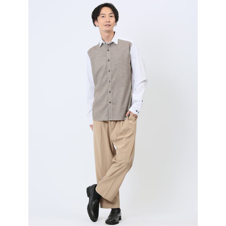 綿オックス×異素材切替 ショートワイドカラー長袖シャツ | TAKA-Q MEN | 詳細画像16 