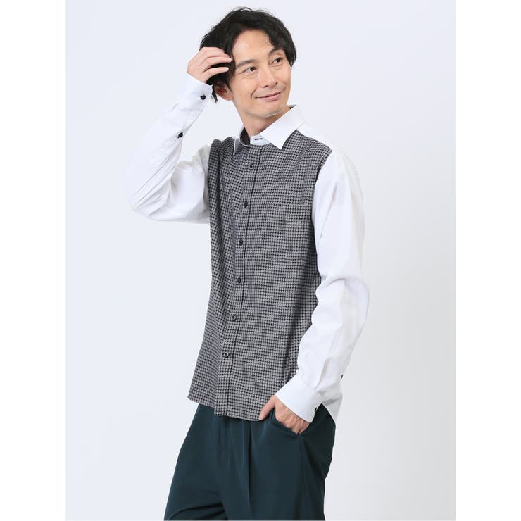 綿オックス×異素材切替 ショートワイドカラー長袖シャツ | TAKA-Q MEN | 詳細画像2 