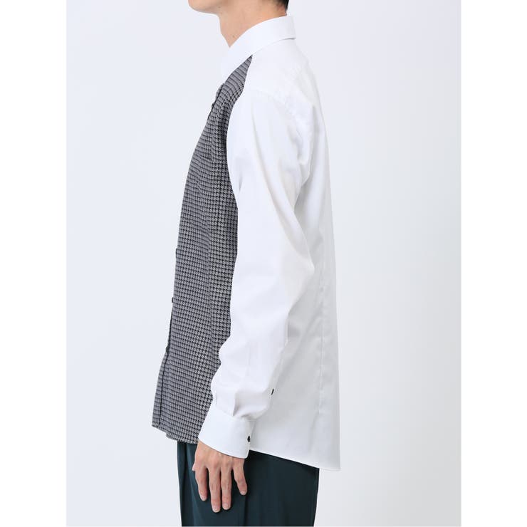 綿オックス×異素材切替 ショートワイドカラー長袖シャツ[品番 綿オックス×異素材切替 ショートワイドカラー長袖シャツ[品番