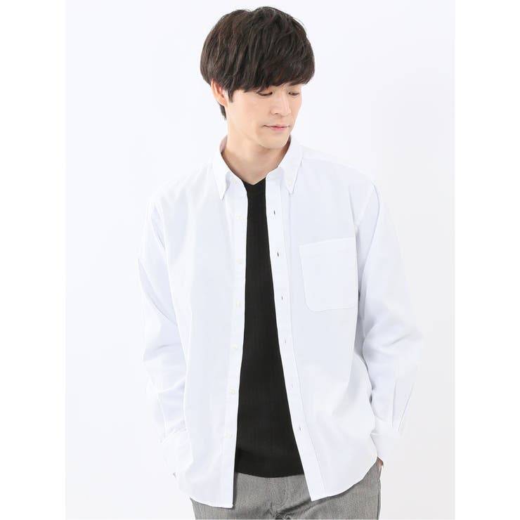 01白 | 綿混オックス ボタンダウン 長袖シャツ | TAKA-Q MEN