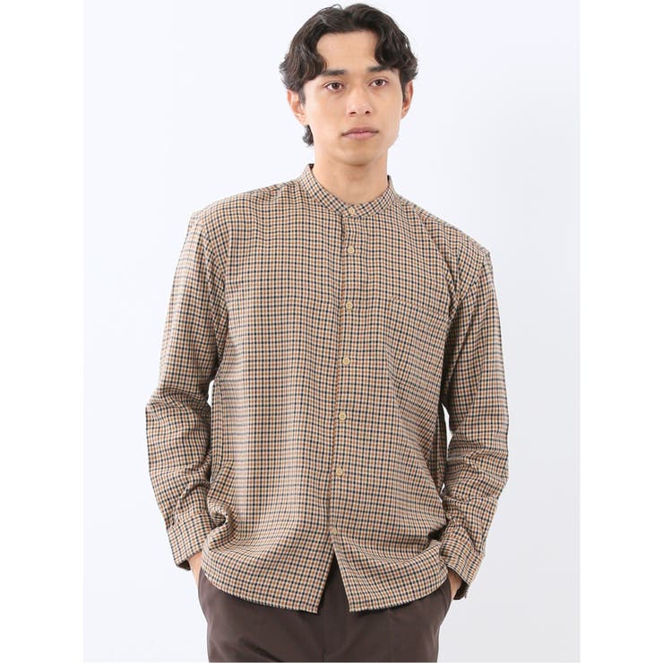33ベージュ | ポートブリッジ/Port Bridge ネルチェック バンドカラー長袖シャツ | TAKA-Q MEN