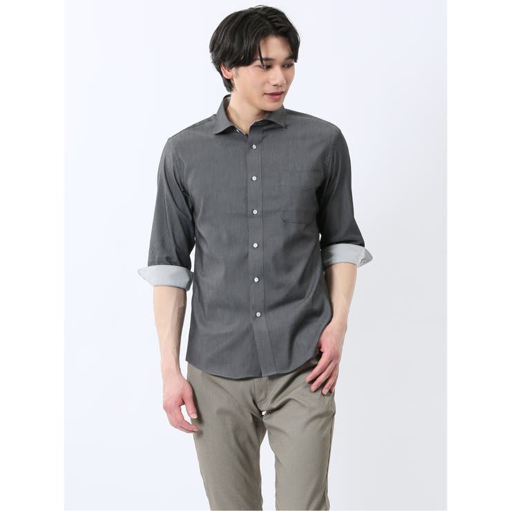 05黒 | ストレッチ ソラーロ ワイドカラー7分袖シャツ | TAKA-Q MEN