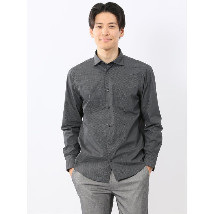 05黒 | ストレッチ プリント ワイドカラー長袖シャツ | TAKA-Q MEN