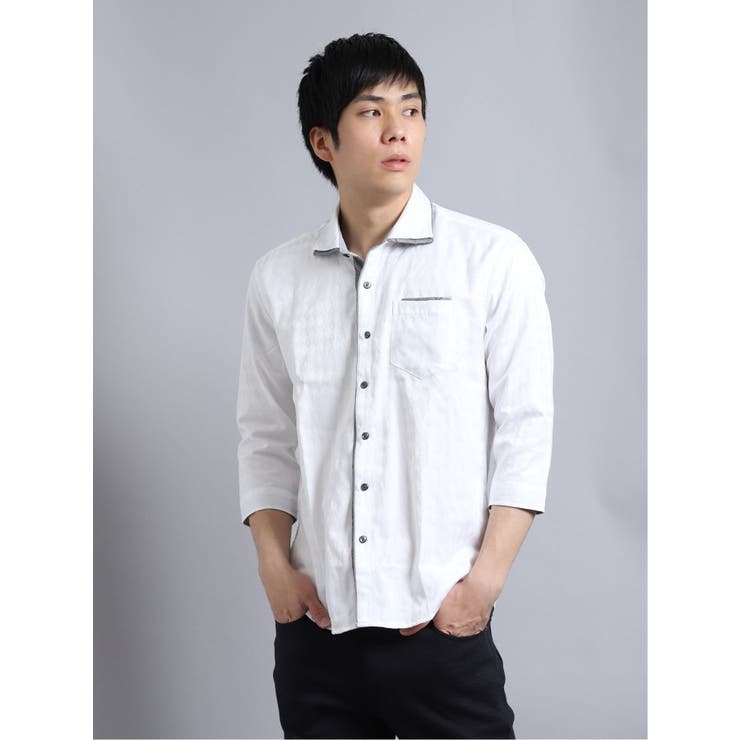 01白 | アーガイルドビー2枚衿カッタウェイ7分袖シャツ メンズ 半袖 | TAKA-Q MEN