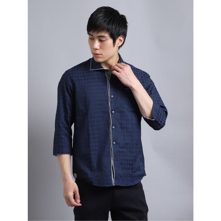75紺 | アーガイルドビー2枚衿カッタウェイ7分袖シャツ メンズ 半袖 | TAKA-Q MEN
