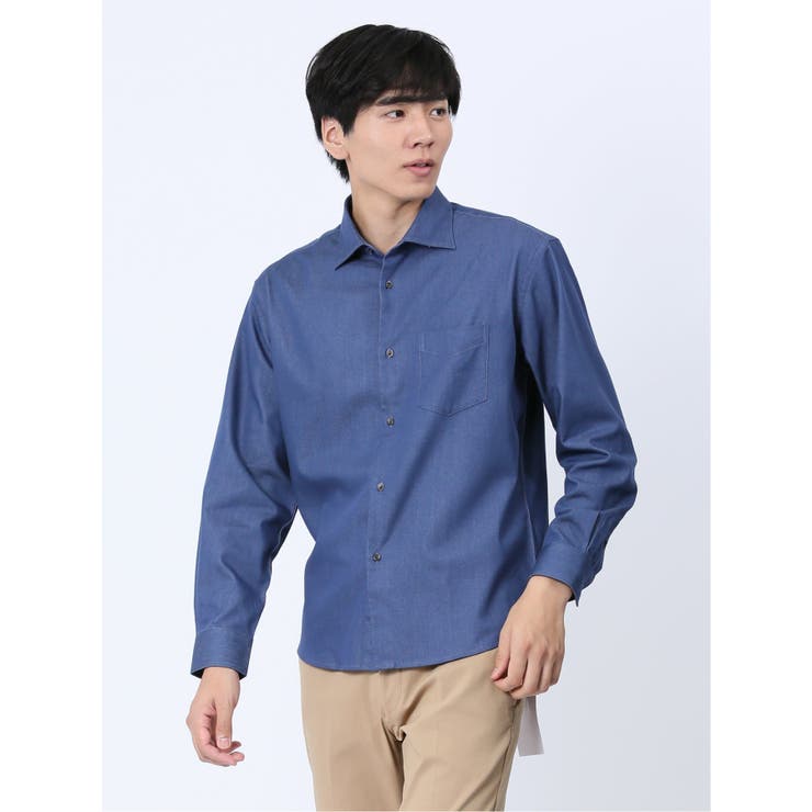 70青 | ストレッチ シャンブレー セミワイドカラー長袖シャツ | TAKA-Q MEN
