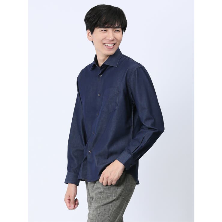 75紺 | ストレッチ シャンブレー セミワイドカラー長袖シャツ | TAKA-Q MEN