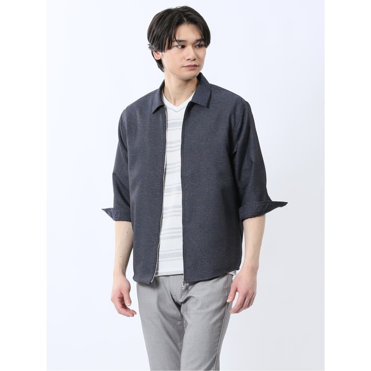 からみ織り フルジップ 7分袖シャツアウター | TAKA-Q MEN | 詳細画像1 