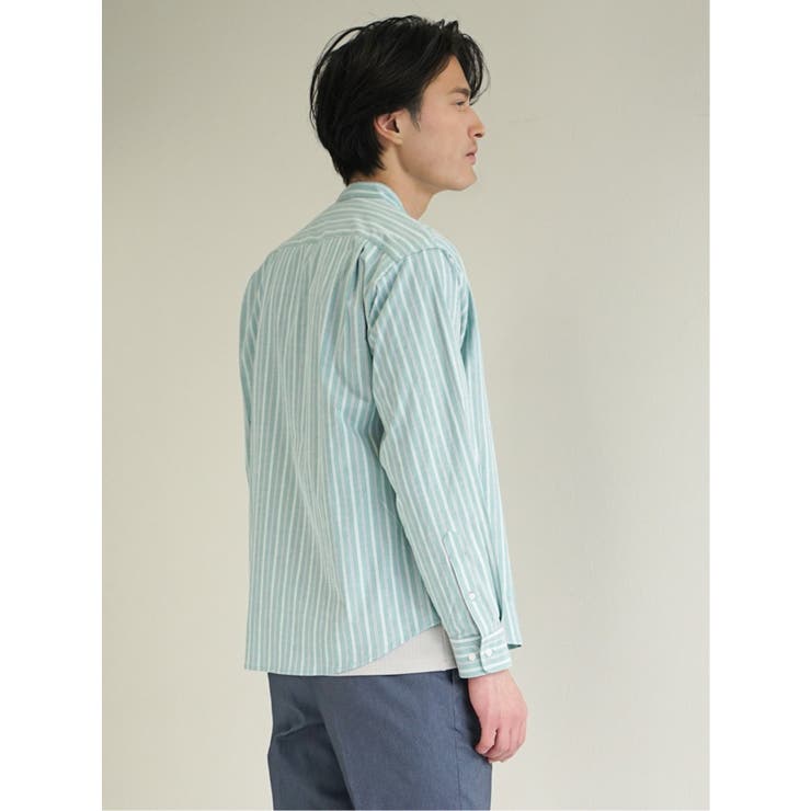 ストレッチストライプ柄 バンドカラー長袖シャツ[品番