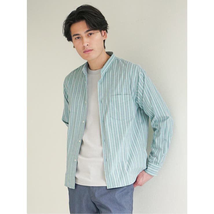 ストレッチストライプ柄 バンドカラー長袖シャツ[品番