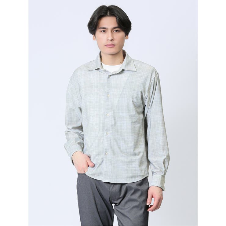 02アイボリー | ModernRelax ストレッチチェック柄 ワイドカラー長袖シャツ | TAKA-Q MEN