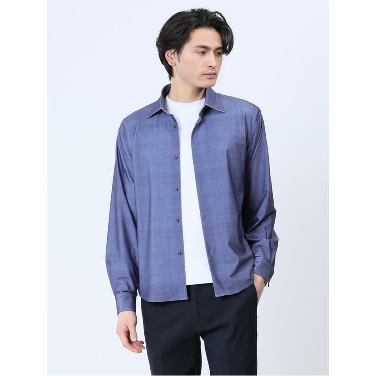 75紺 | ModernRelax ストレッチチェック柄 ワイドカラー長袖シャツ | TAKA-Q MEN