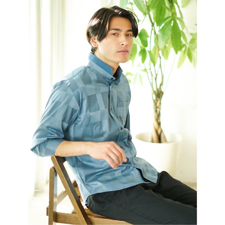 ストレッチ ドビーチェック スタンドカラー7分袖シャツ | TAKA-Q MEN | 詳細画像1 