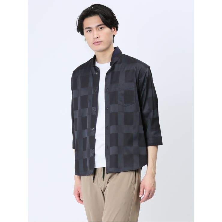 75紺 | ストレッチ ドビーチェック スタンドカラー7分袖シャツ | TAKA-Q MEN