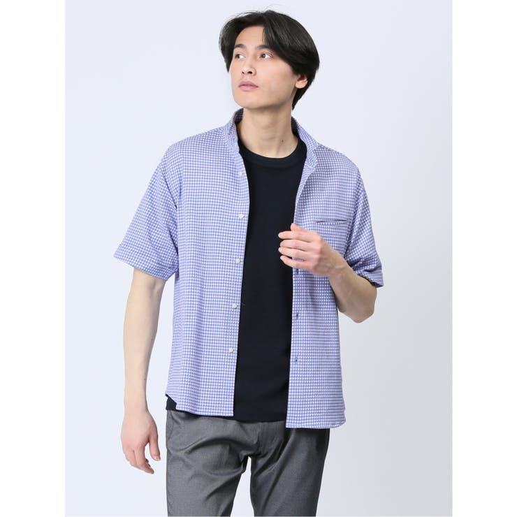 ストレッチ ギンガムサッカー スタンドカラー半袖シャツ | TAKA-Q MEN | 詳細画像4 