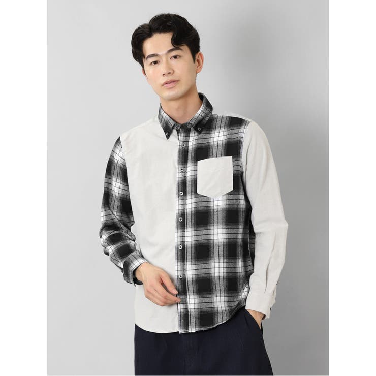 03ライトグレー | 起毛チェック無地 クレイジーボタンダウン長袖シャツ | TAKA-Q MEN