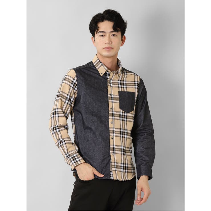 33ベージュ | 起毛チェック無地 クレイジーボタンダウン長袖シャツ | TAKA-Q MEN