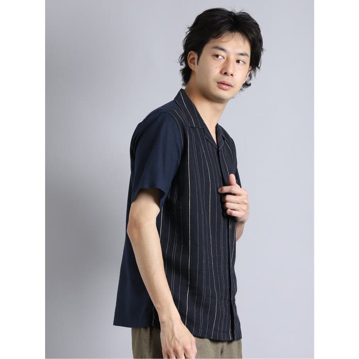 接触冷感 リネン混オープンカラー半袖シャツ[品番：TKQJ0011498