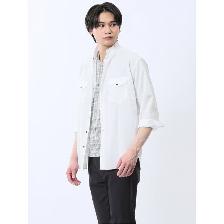 ストレッチ 楊柳 スタンドカラー7分袖シャツ | TAKA-Q MEN | 詳細画像1 