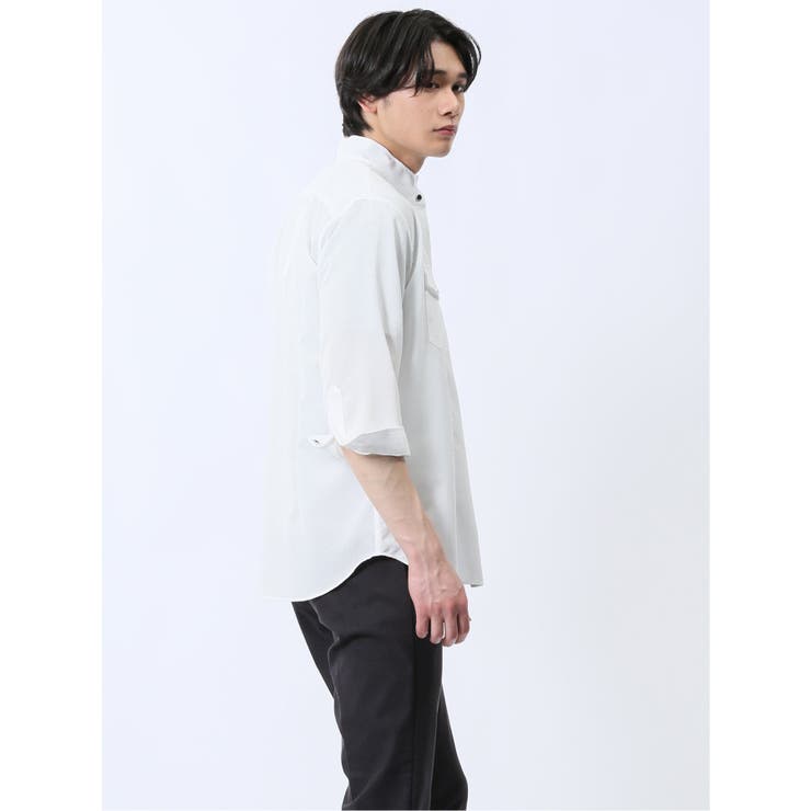 ストレッチ 楊柳 スタンドカラー7分袖シャツ[品番：TKQJ0025138