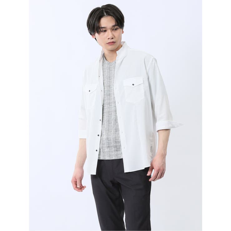 ストレッチ 楊柳 スタンドカラー7分袖シャツ[品番：TKQJ0025138