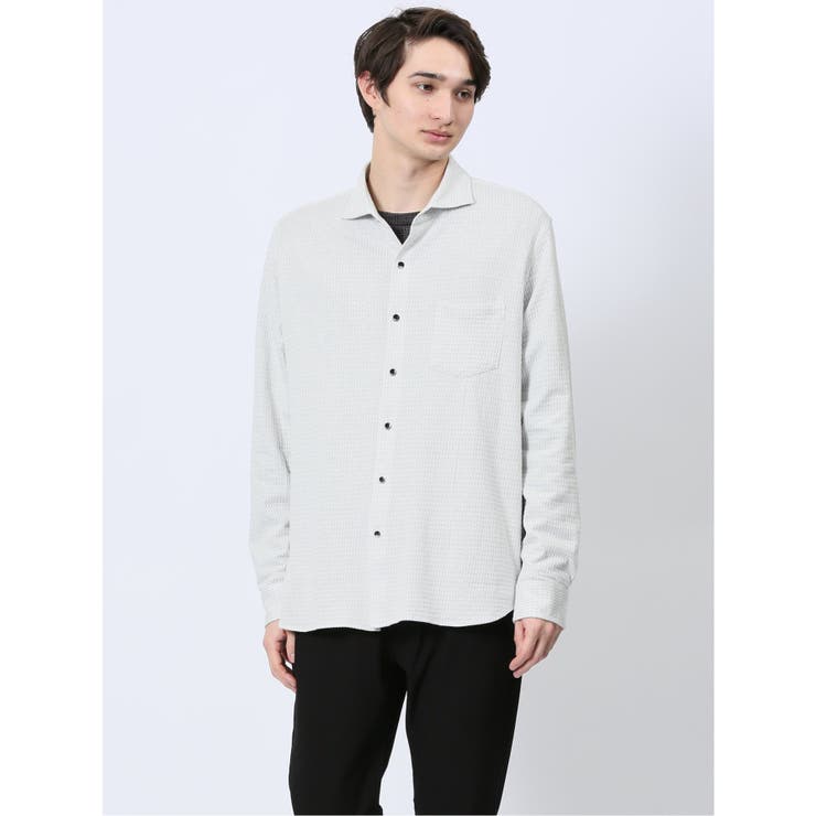 01白 | ストレッチジャガード ワイドカラー長袖シャツ | TAKA-Q MEN
