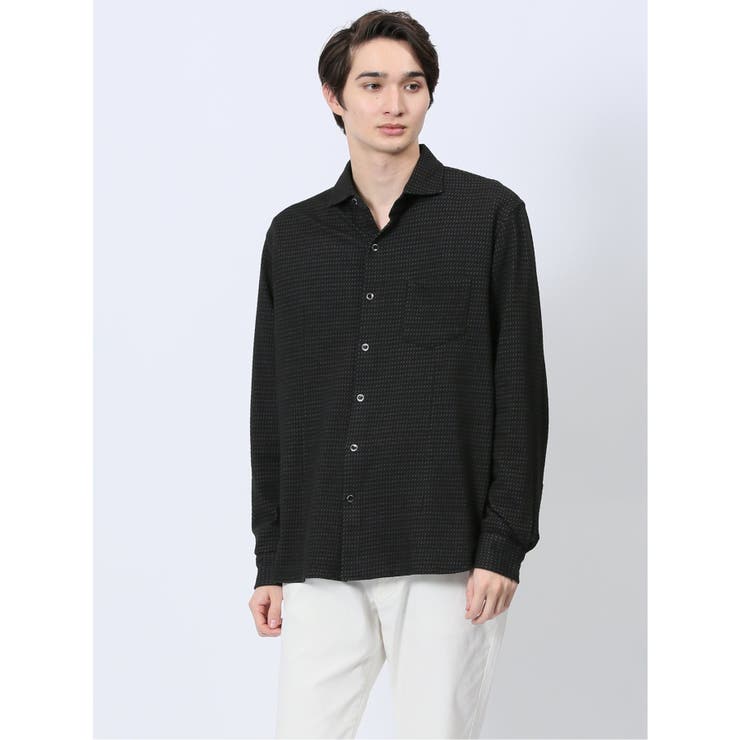 05黒 | ストレッチジャガード ワイドカラー長袖シャツ | TAKA-Q MEN
