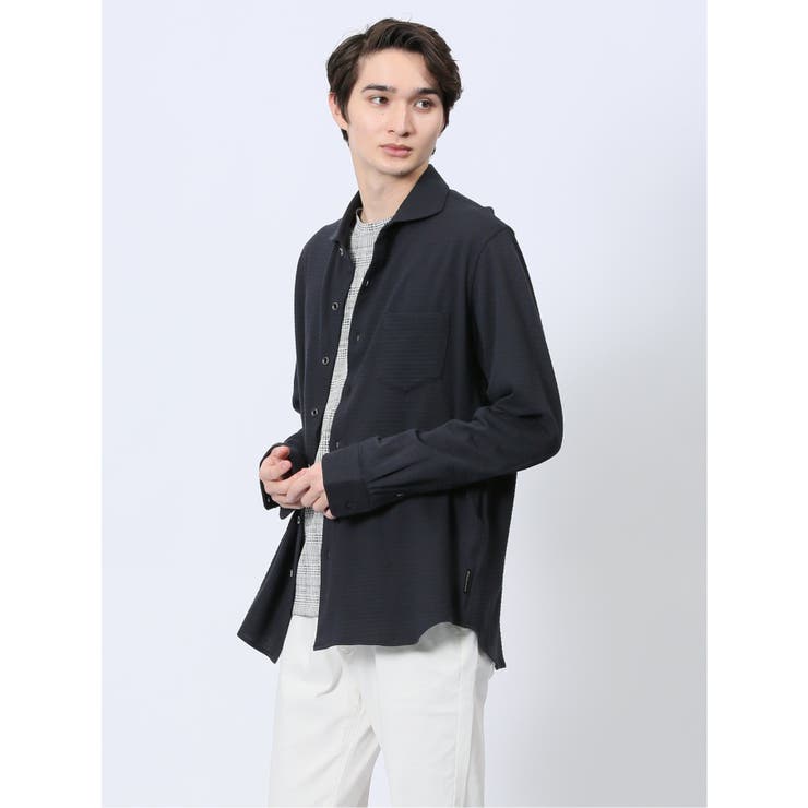 75紺 | ストレッチジャガード ワイドカラー長袖シャツ | TAKA-Q MEN