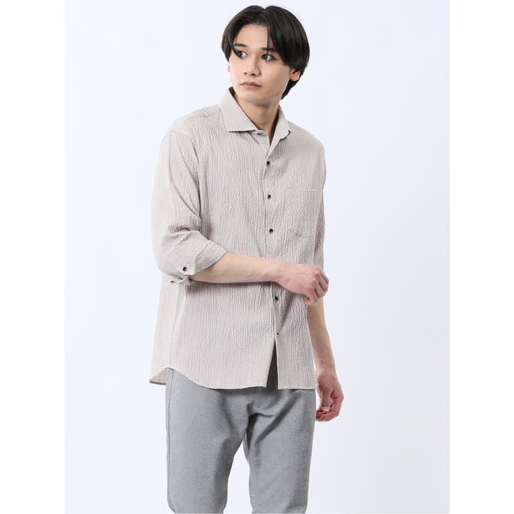ふくれチェック カッタウェイカラー7分袖シャツ | TAKA-Q MEN | 詳細画像1 