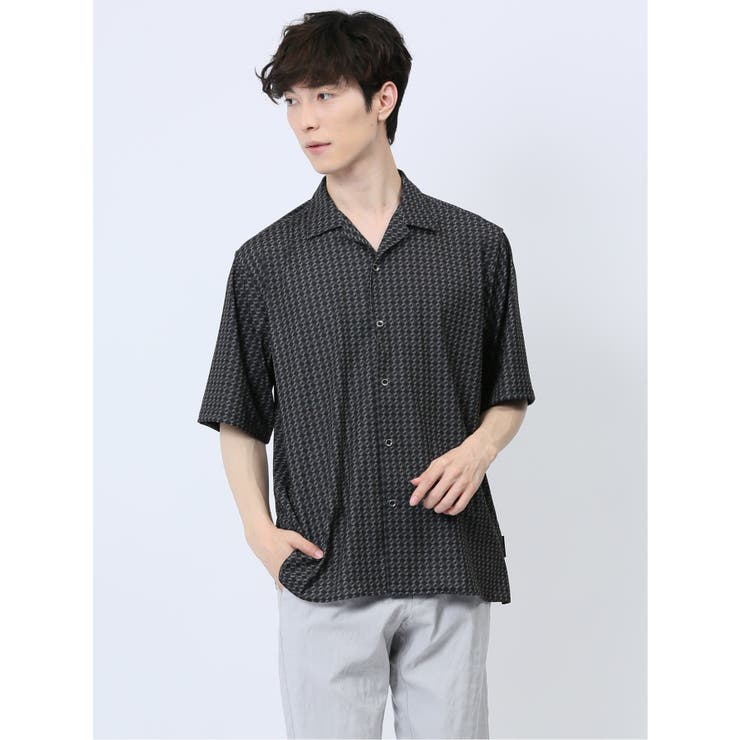 05黒 | デジタルプリント オープンカラー半袖シャツ | TAKA-Q MEN