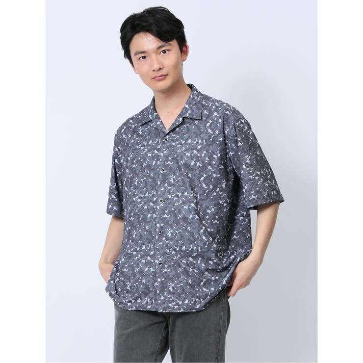 75紺 | デジタルプリント オープンカラー半袖シャツ | TAKA-Q MEN